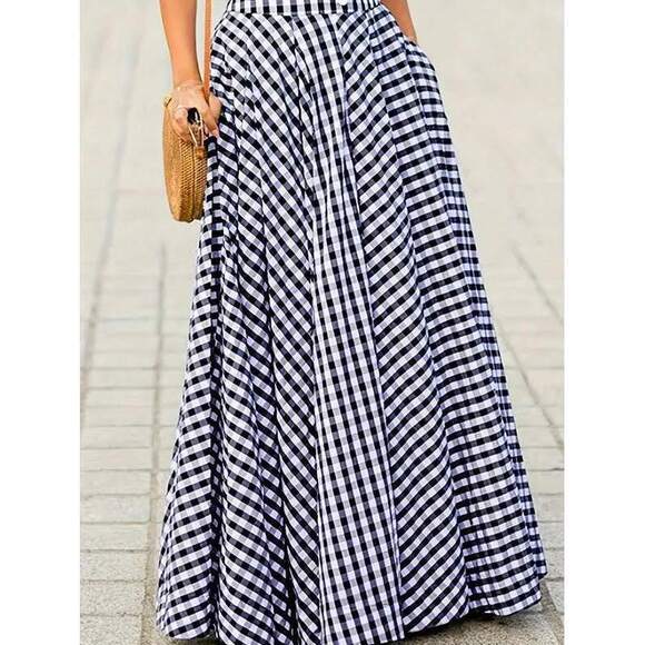 Women's Elegant Plaid Skirt, High Waist Wide Hem Flowy A-Line Skirt, Spring/Summ - Picture 4 of 4